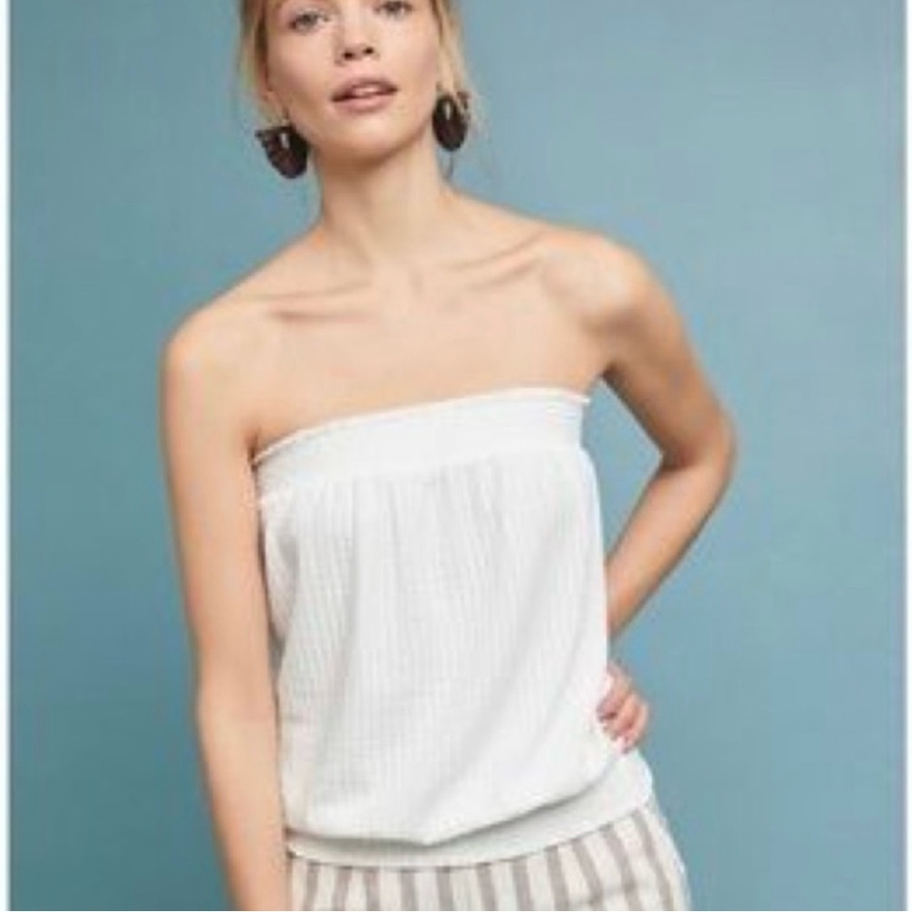 Anthropologie Colusa Smocked Strapless White Top Size Large Lined Flowy Tube Top - Picture 2 of 8